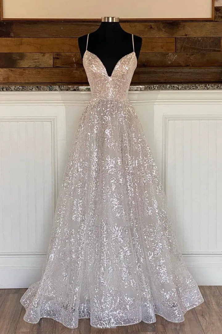 A-Line Tulle Sequins Long Prom Dresses Spaghetti Straps V-Neck Evening Dresses Sparkly