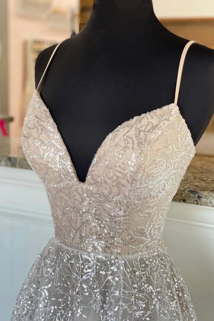 A-Line Tulle Sequins Long Prom Dresses Spaghetti Straps V-Neck Evening Dresses Sparkly