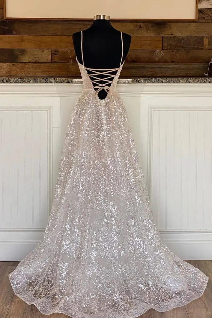A-Line Tulle Sequins Long Prom Dresses Spaghetti Straps V-Neck Evening Dresses Sparkly