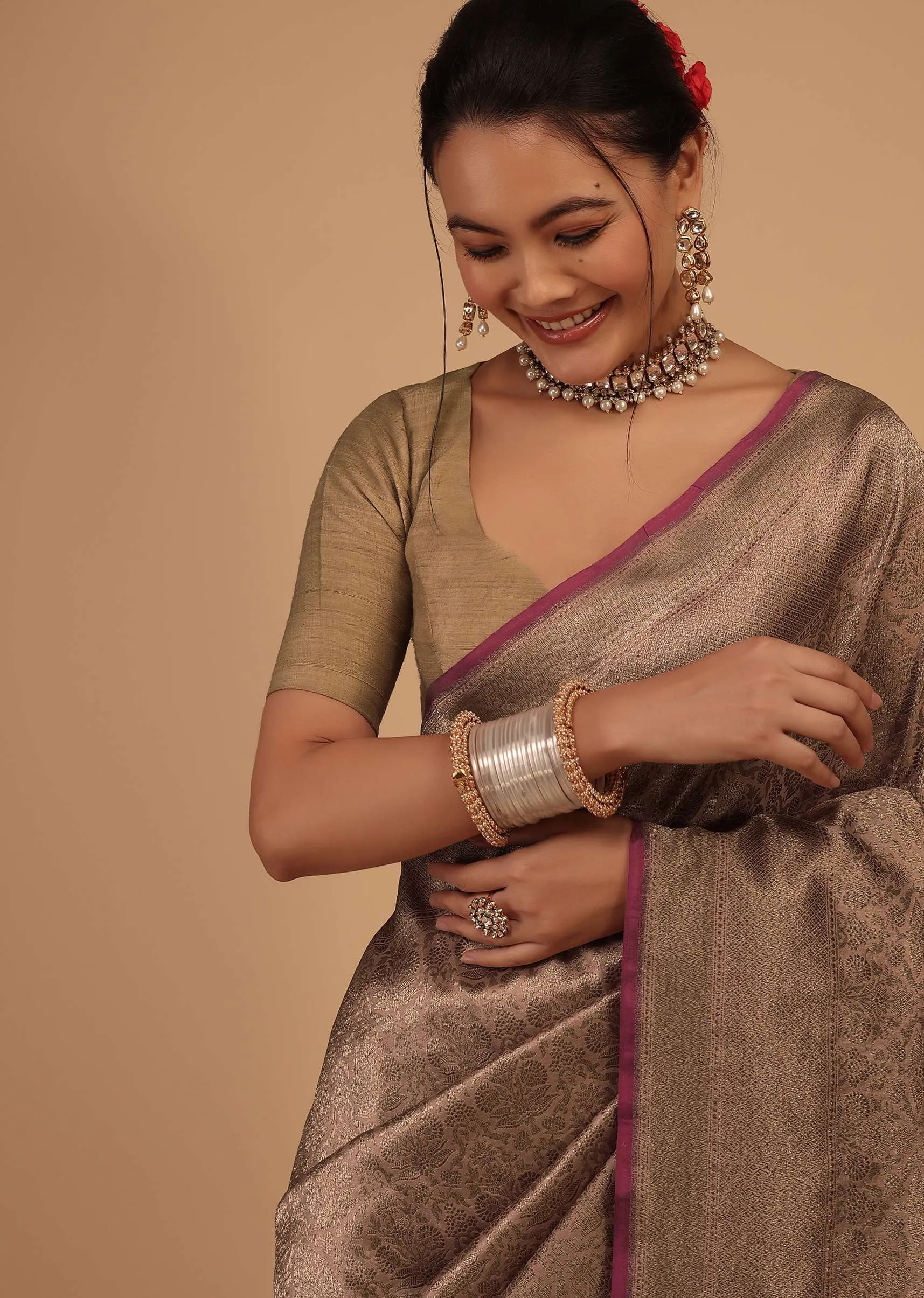 Ash Peach Saree In Pure Banarasi Silk With Upada Zari Weave Floral Jaal Work