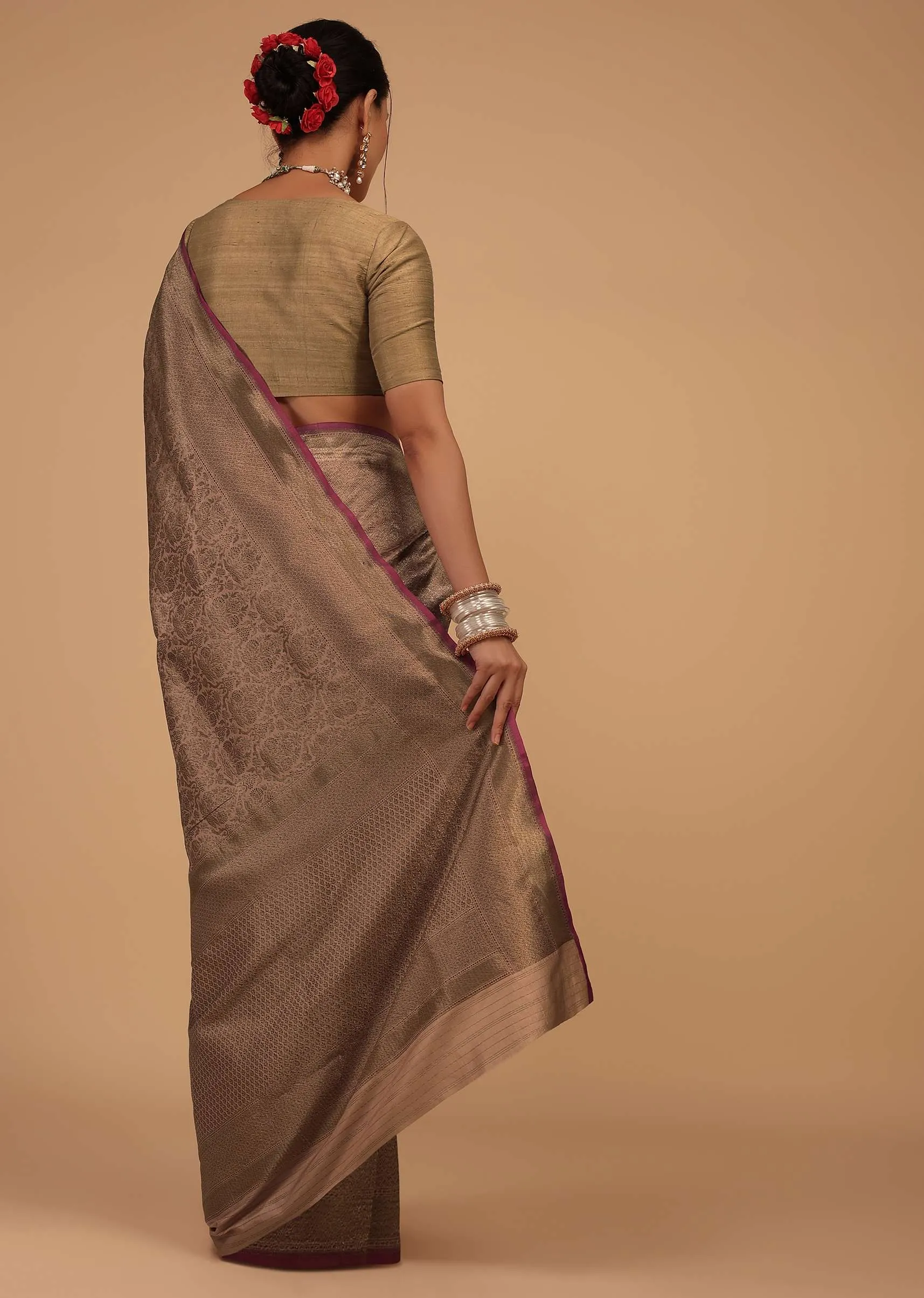Ash Peach Saree In Pure Banarasi Silk With Upada Zari Weave Floral Jaal Work