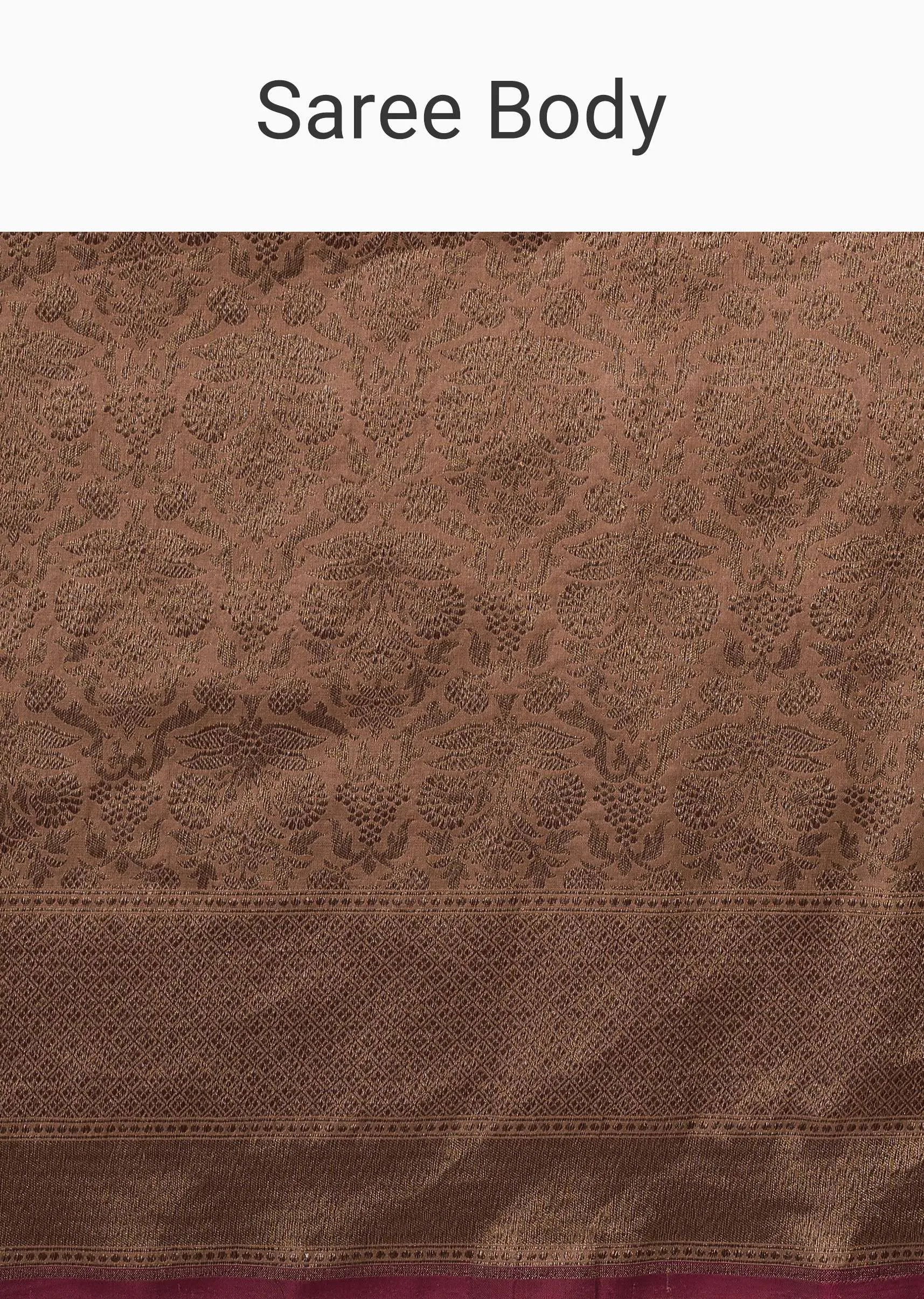 Ash Peach Saree In Pure Banarasi Silk With Upada Zari Weave Floral Jaal Work