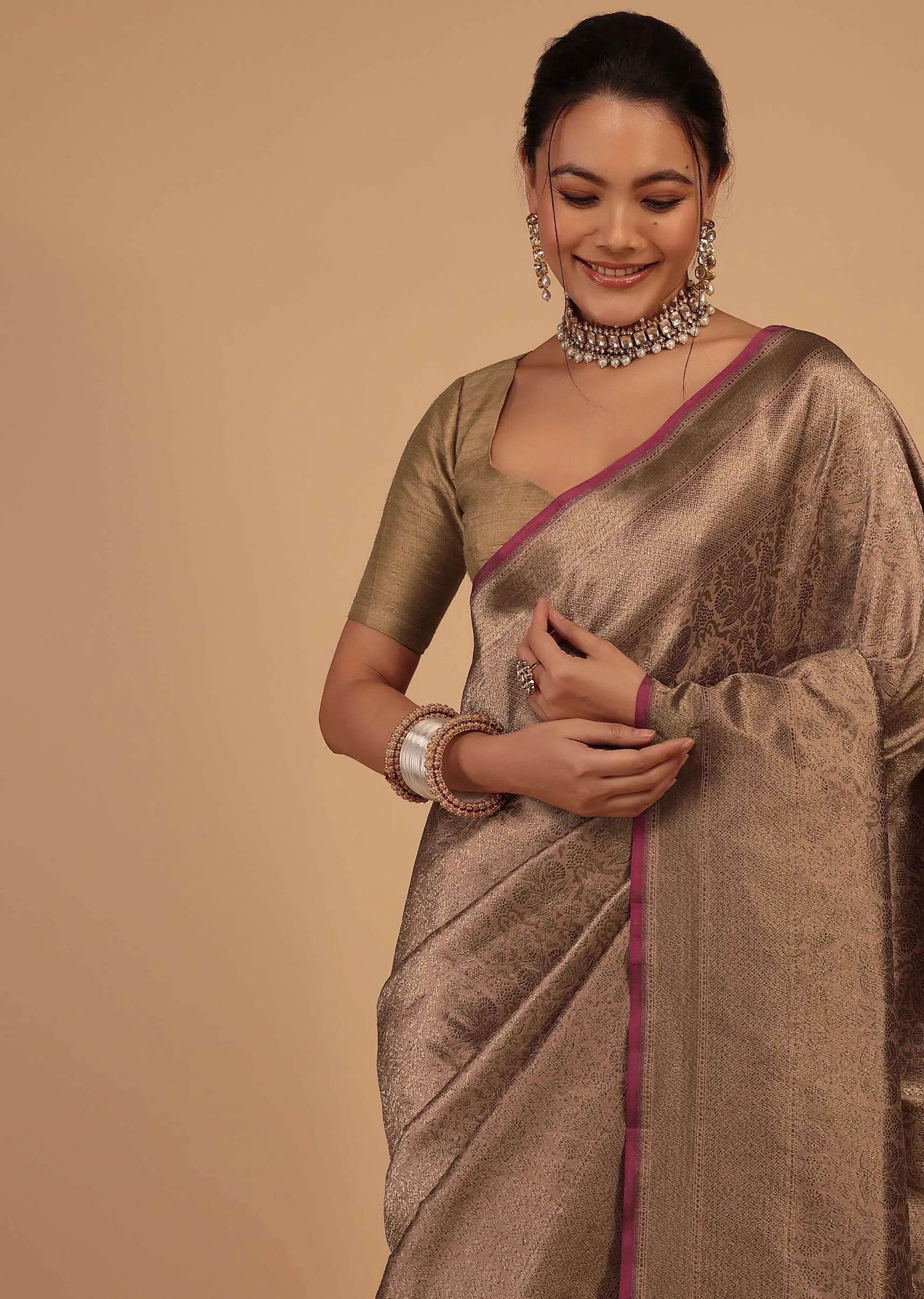 Ash Peach Saree In Pure Banarasi Silk With Upada Zari Weave Floral Jaal Work