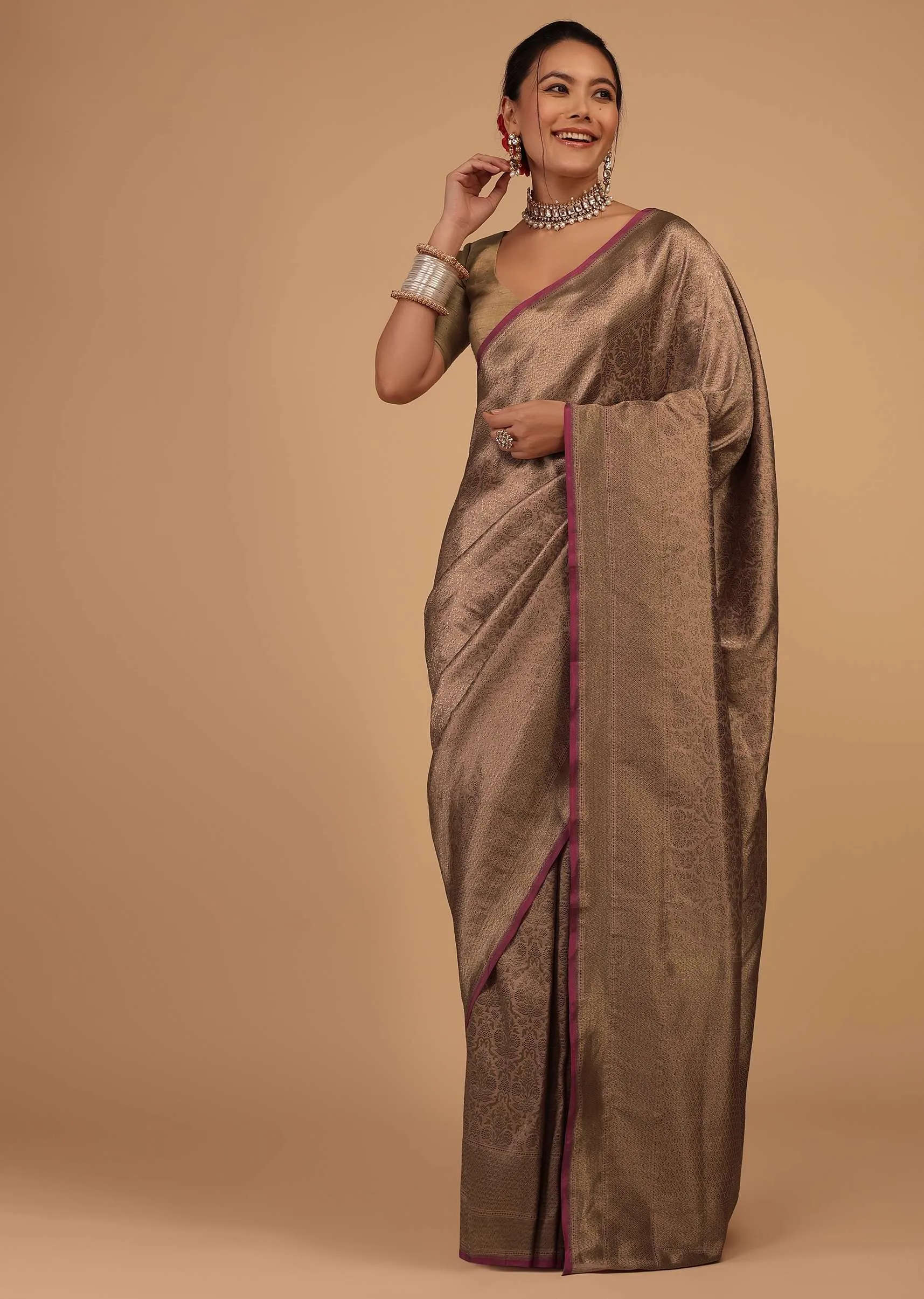 Ash Peach Saree In Pure Banarasi Silk With Upada Zari Weave Floral Jaal Work