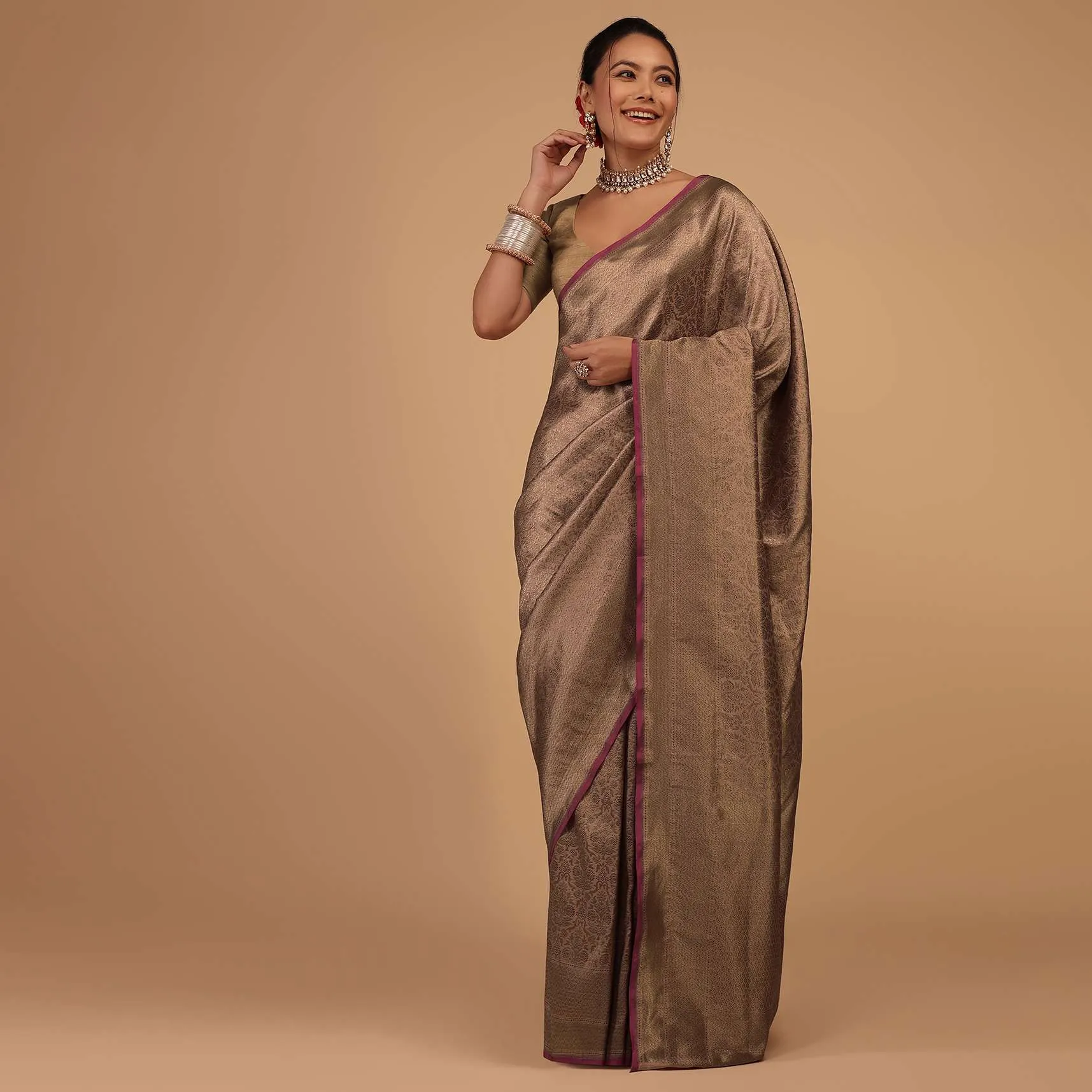 Ash Peach Saree In Pure Banarasi Silk With Upada Zari Weave Floral Jaal Work