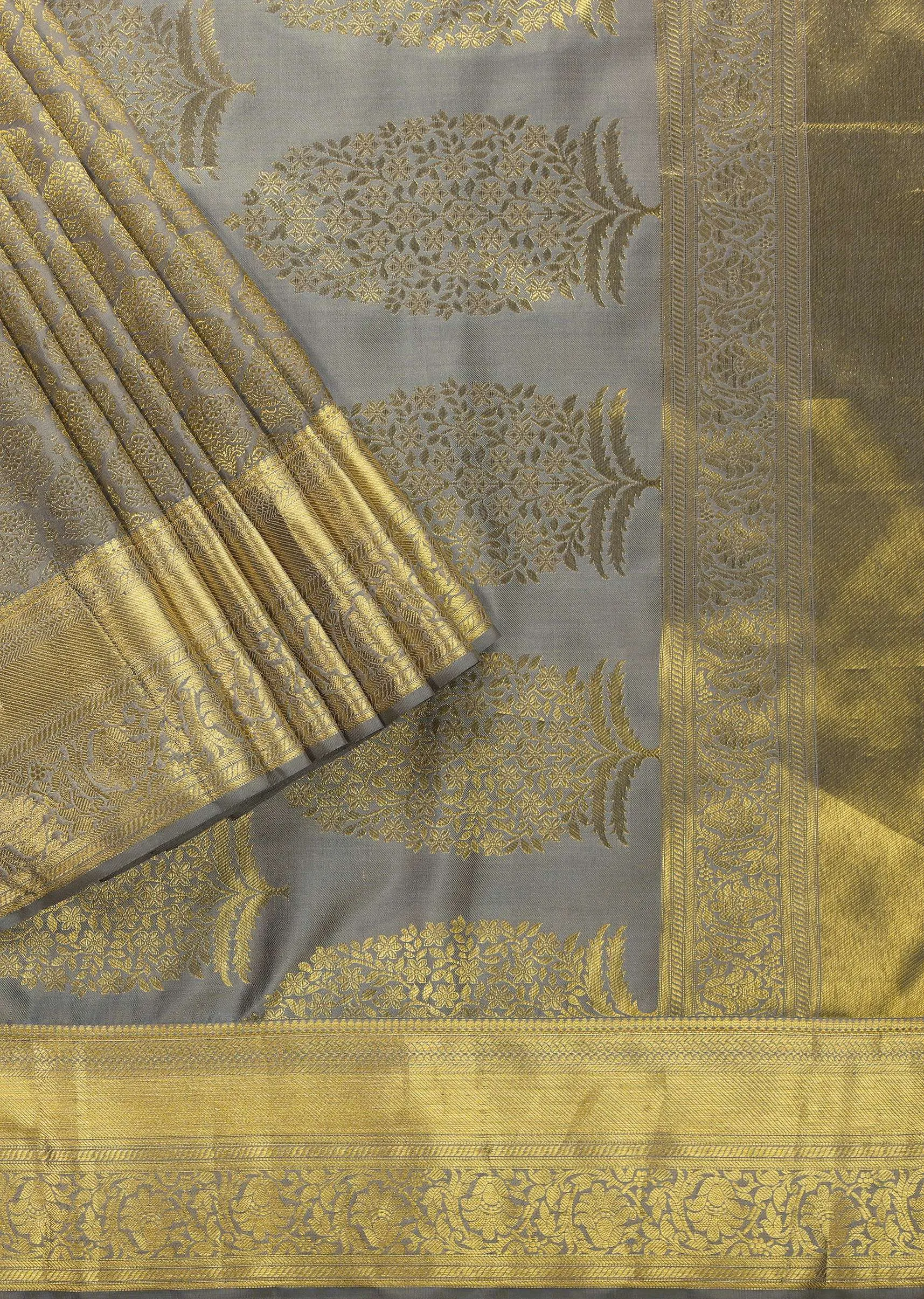 Ash Purple Woven Kanjivaram Saree In Pure Silk With Unstitched Blouse