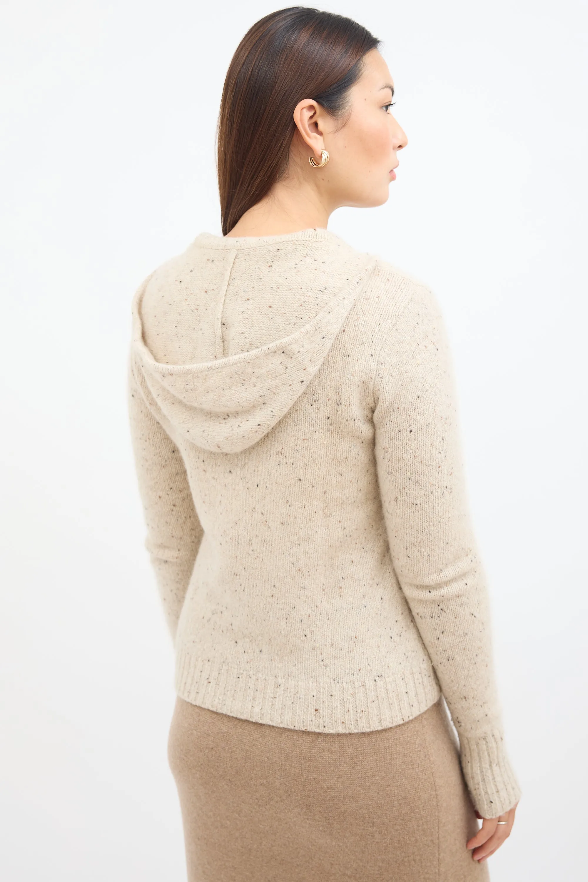 Beige Cashmere Knit Zip Up Hoodie