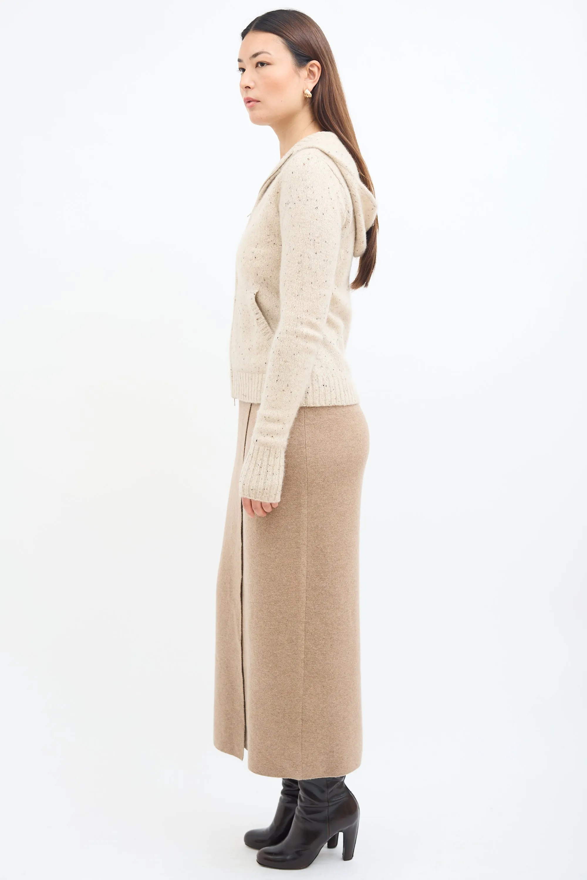 Beige Cashmere Knit Zip Up Hoodie