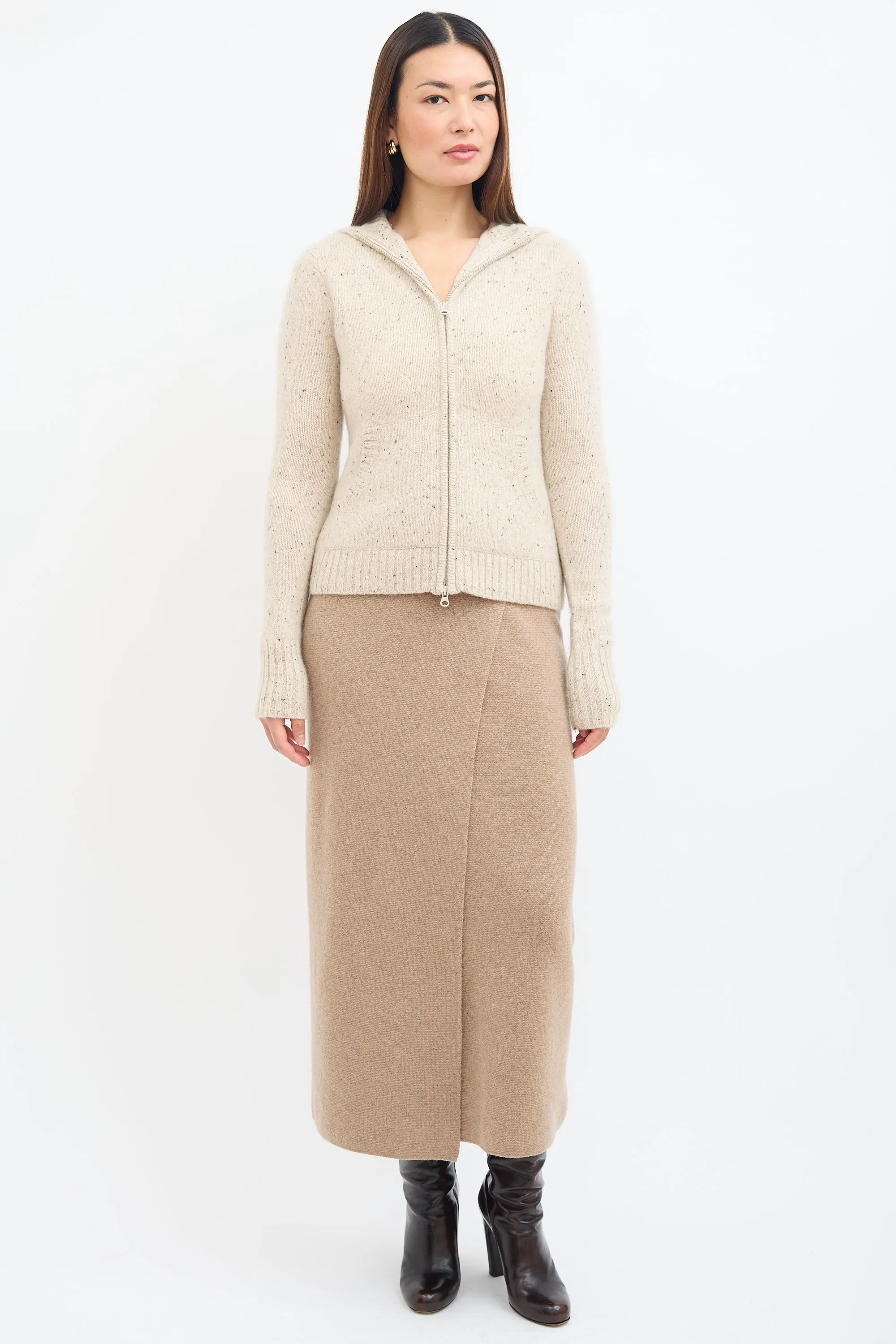 Beige Cashmere Knit Zip Up Hoodie