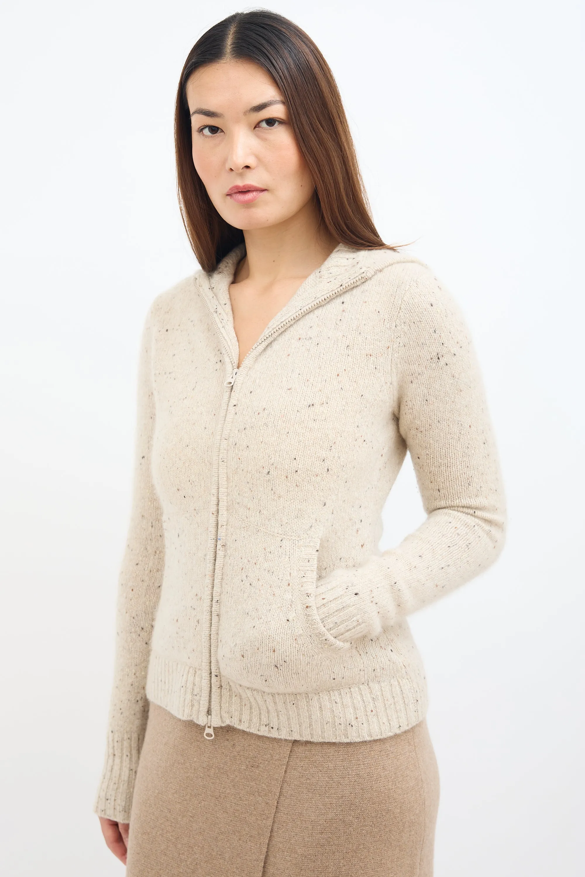 Beige Cashmere Knit Zip Up Hoodie