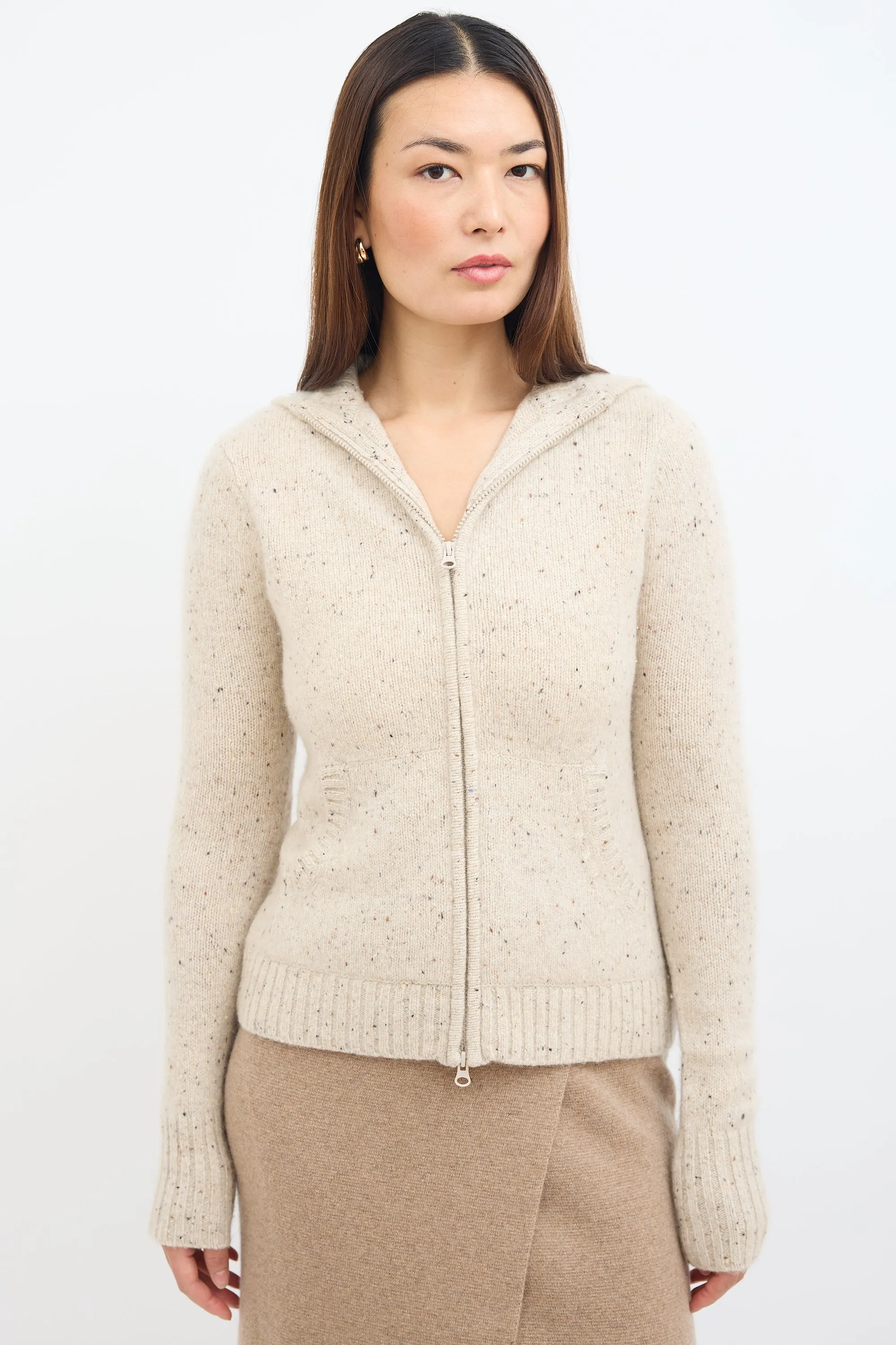 Beige Cashmere Knit Zip Up Hoodie