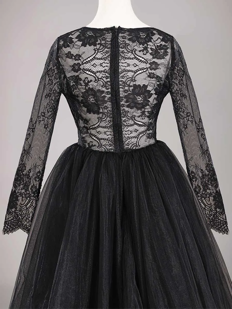 Black Lace Long Sleeve Wedding Dress A line V neck Tulle Gowns