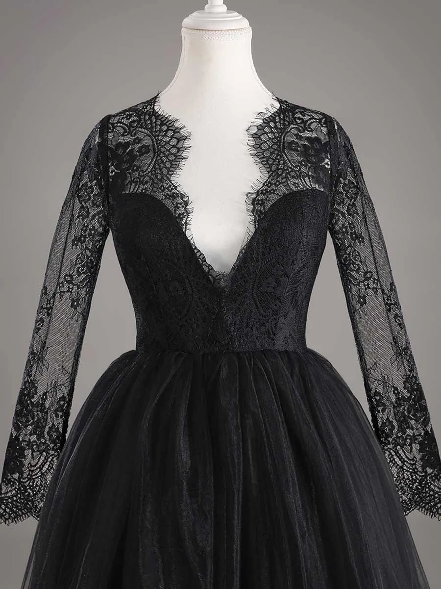 Black Lace Long Sleeve Wedding Dress A line V neck Tulle Gowns