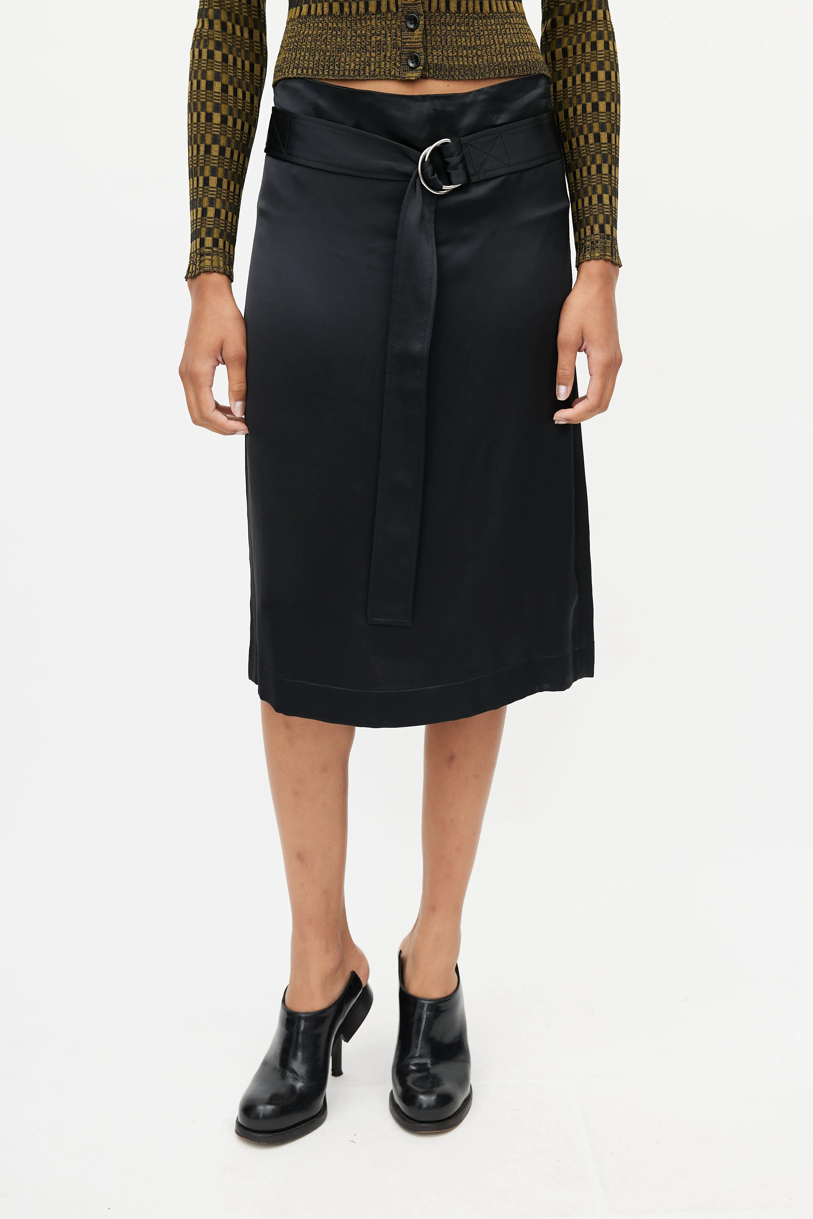 Black Satin Belted Skirt