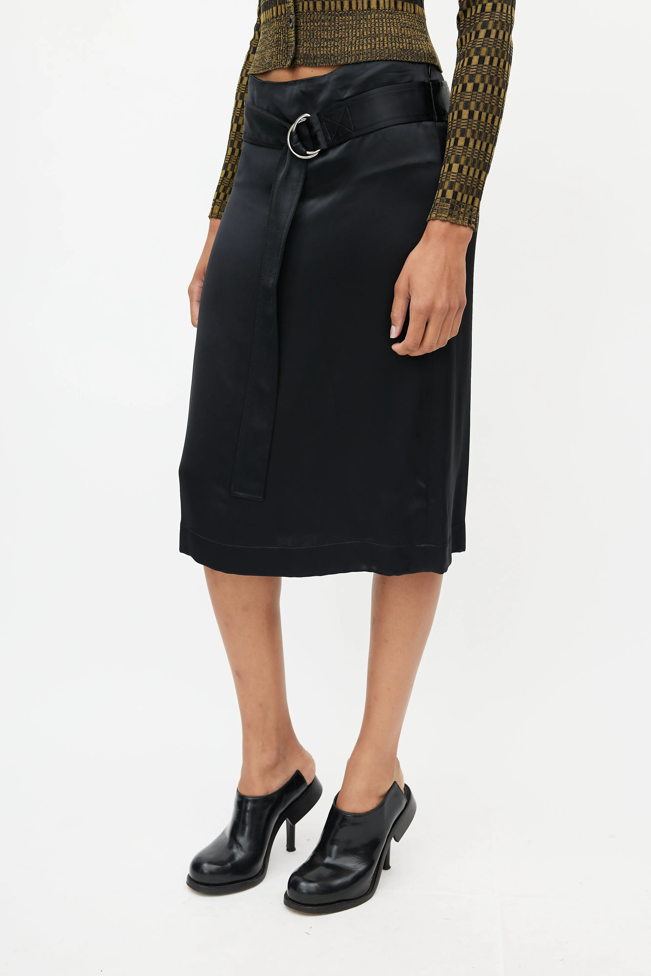 Black Satin Belted Skirt