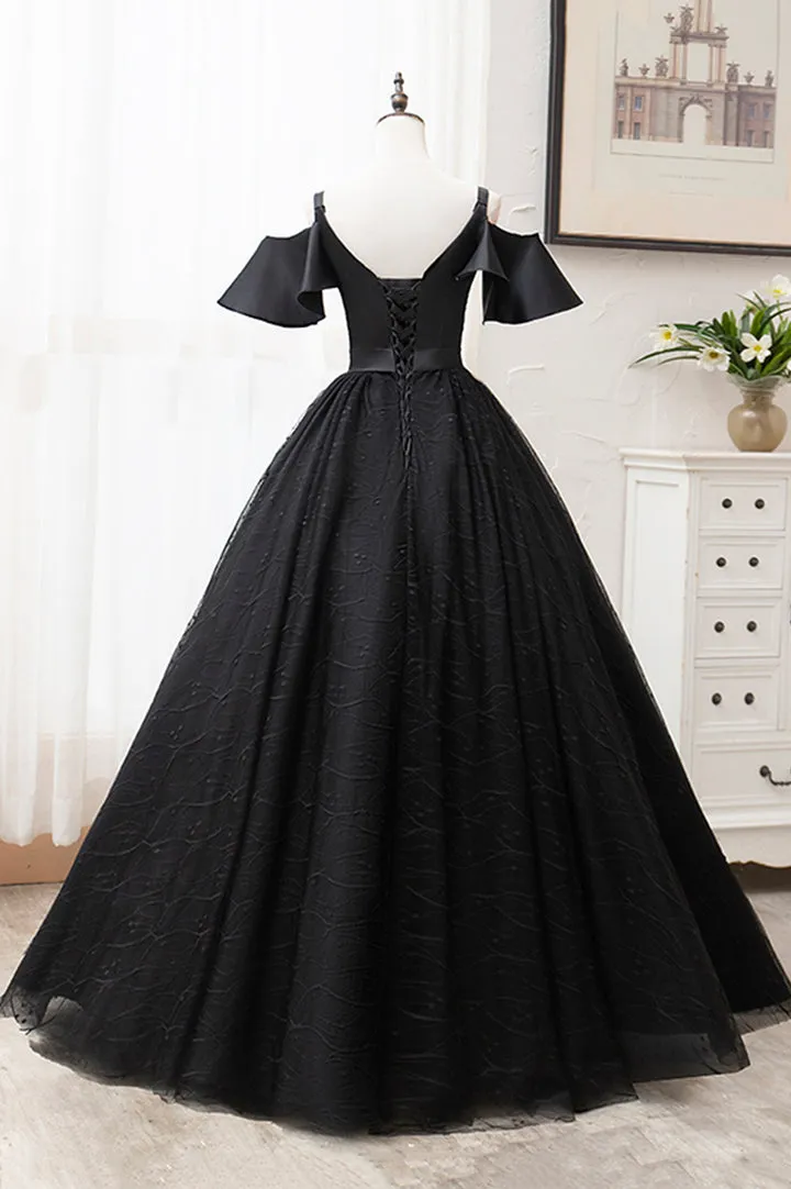 Black V-Neck Tulle Long Prom Dresses A-Line Black Evening Dresses Sexy