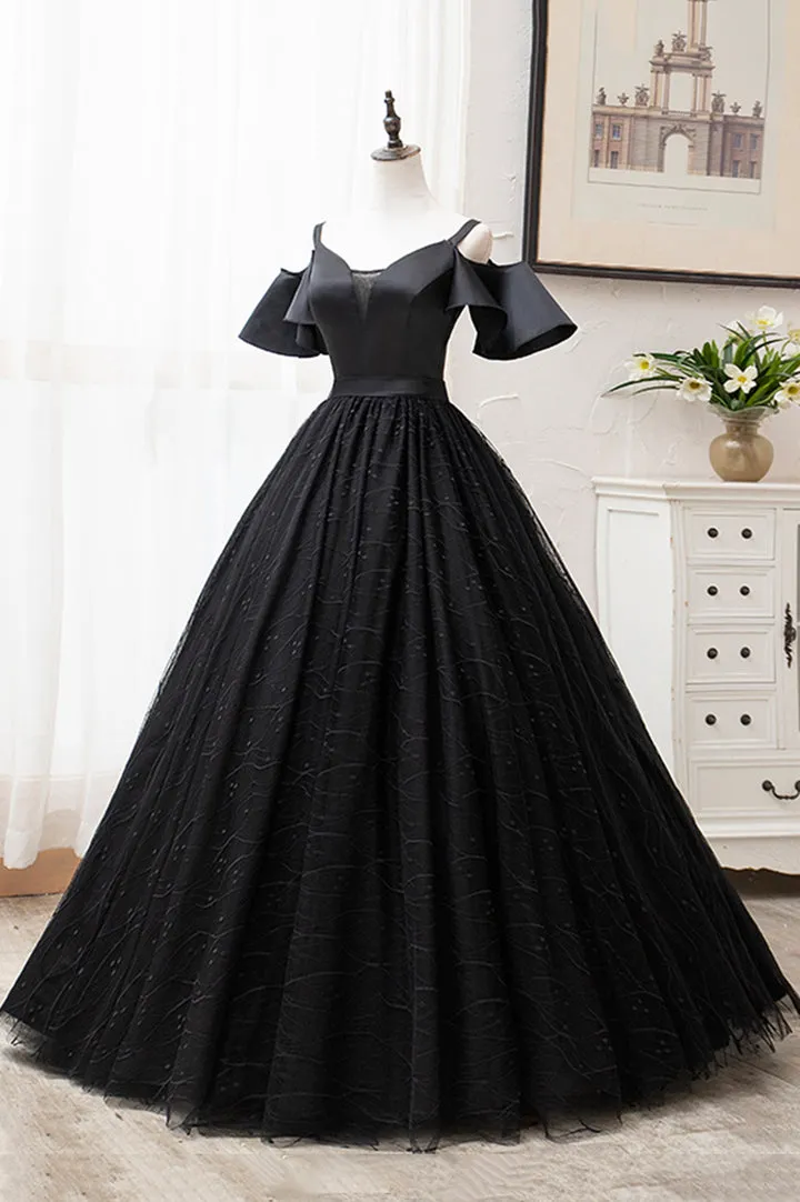 Black V-Neck Tulle Long Prom Dresses A-Line Black Evening Dresses Sexy