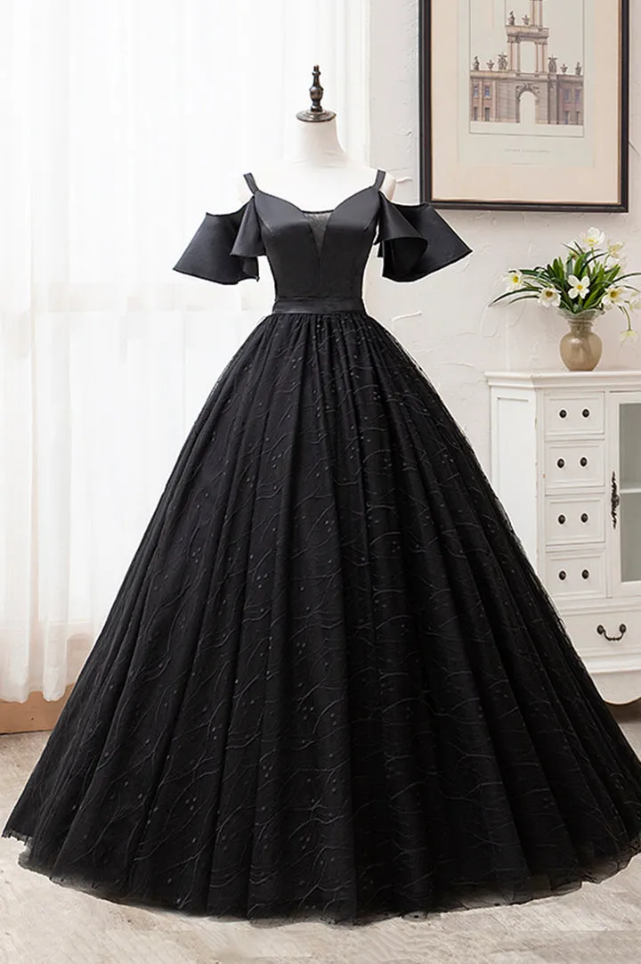 Black V-Neck Tulle Long Prom Dresses A-Line Black Evening Dresses Sexy