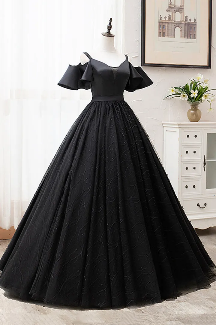Black V-Neck Tulle Long Prom Dresses A-Line Black Evening Dresses Sexy