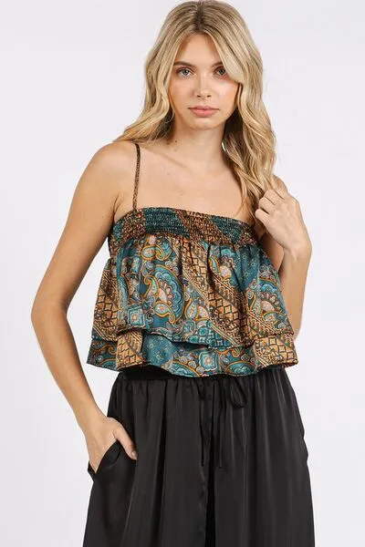 Blue Paisley Patchwork Satin Ruffle Crop Cami