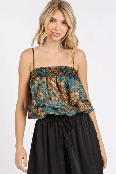 Blue Paisley Patchwork Satin Ruffle Crop Cami