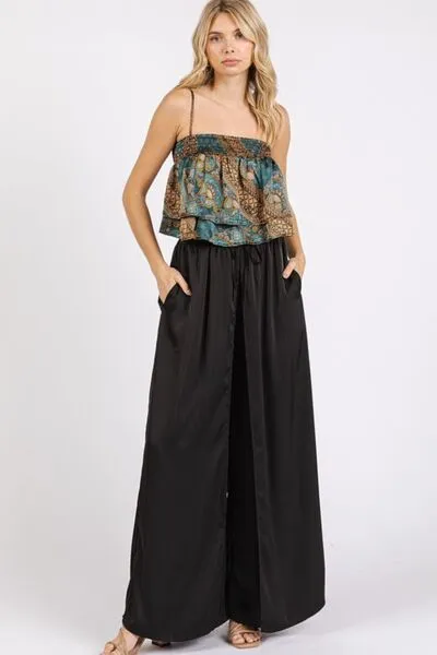 Blue Paisley Patchwork Satin Ruffle Crop Cami