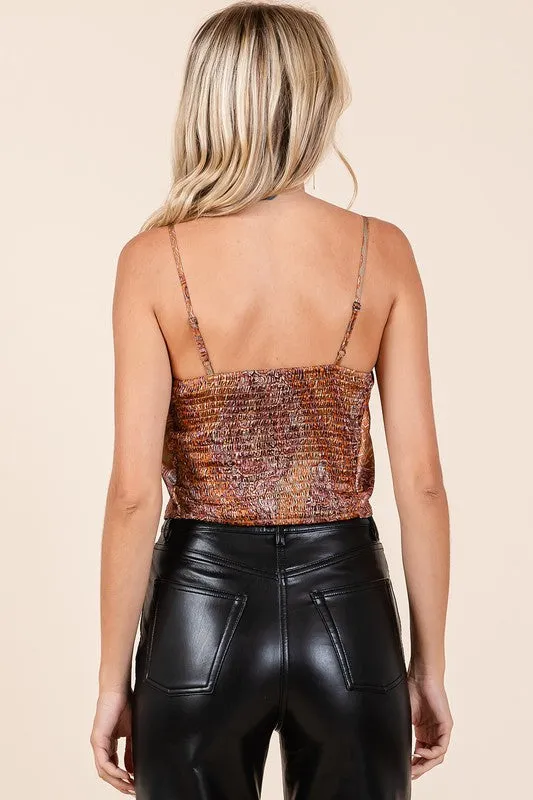 Brown Paisley Patchwork Satin Cowl Neck Crop Cami