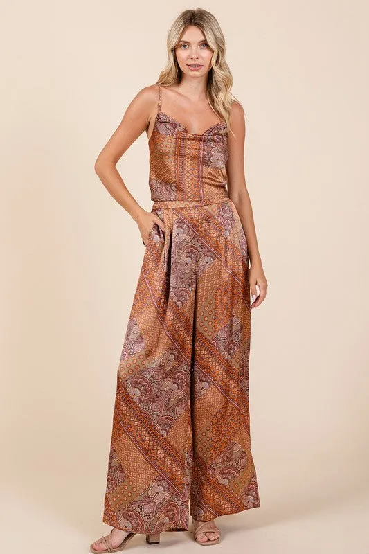 Brown Paisley Patchwork Satin Cowl Neck Crop Cami