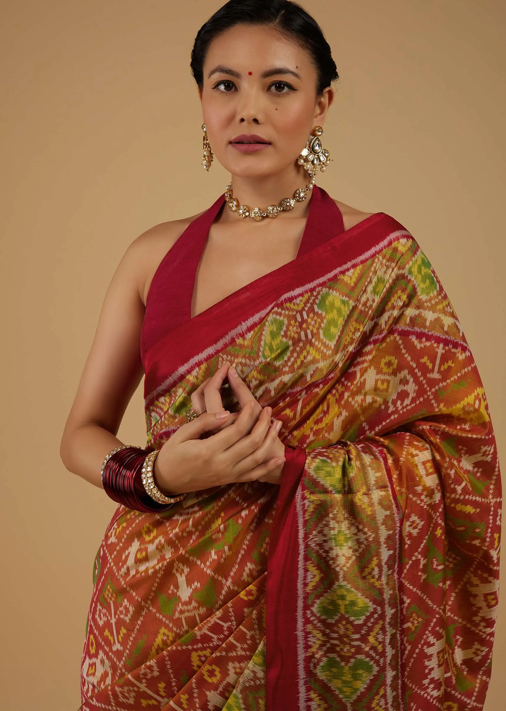Fire Orange Saree In Silk With Ikat Weave Patola Work