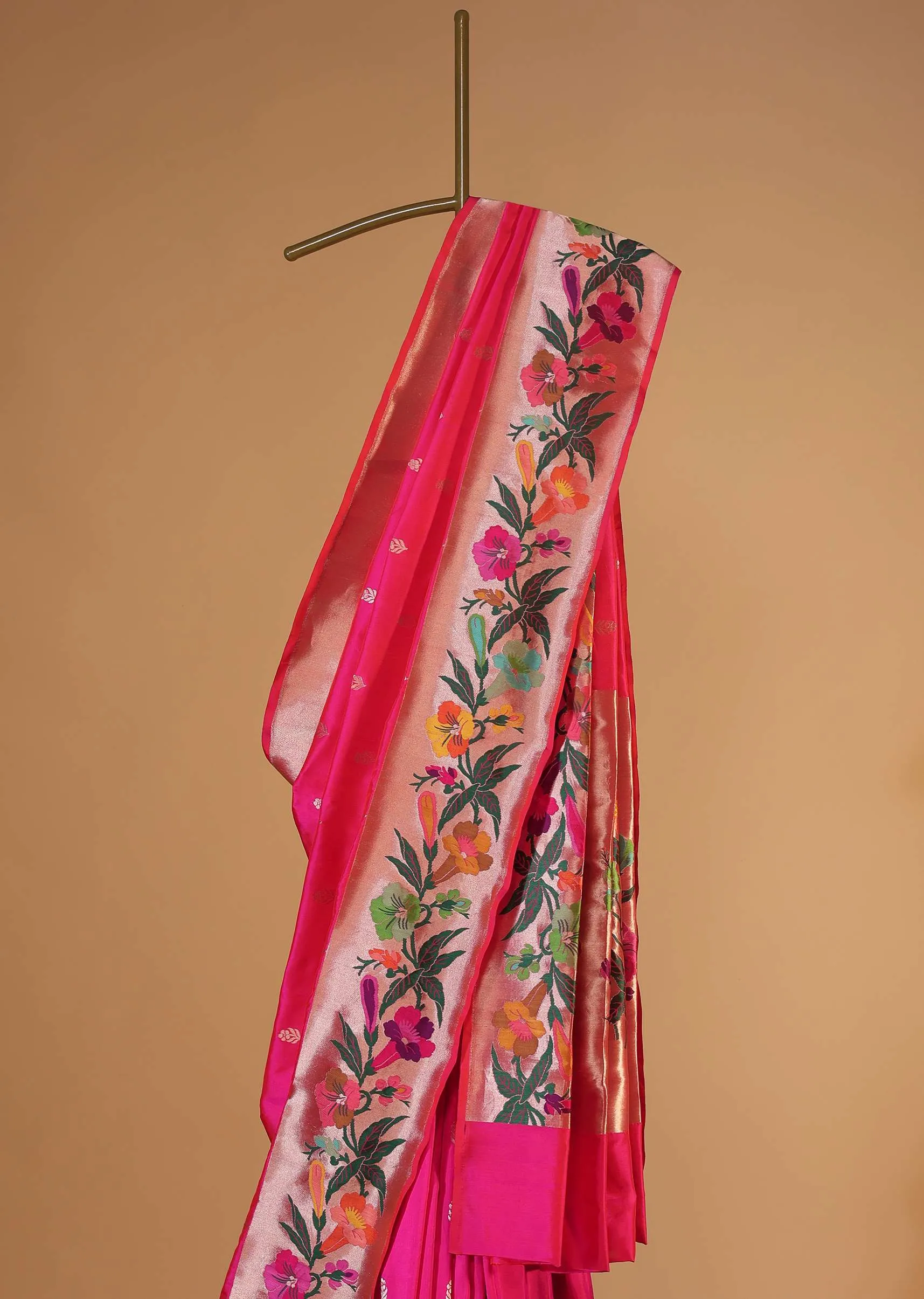 Fluorescent Pink Handloom Banarasi Saree In Luminous Orange Shade With An Unstitched Blouse