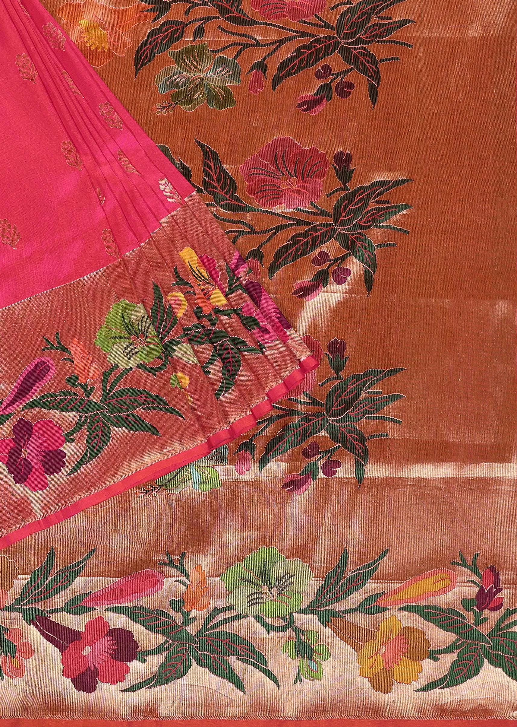 Fluorescent Pink Handloom Banarasi Saree In Luminous Orange Shade With An Unstitched Blouse