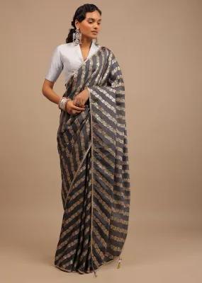 Iron Grey Saree In Dola Silk With Woven Floral Design In Diagonal Stripes And Lace Detailing