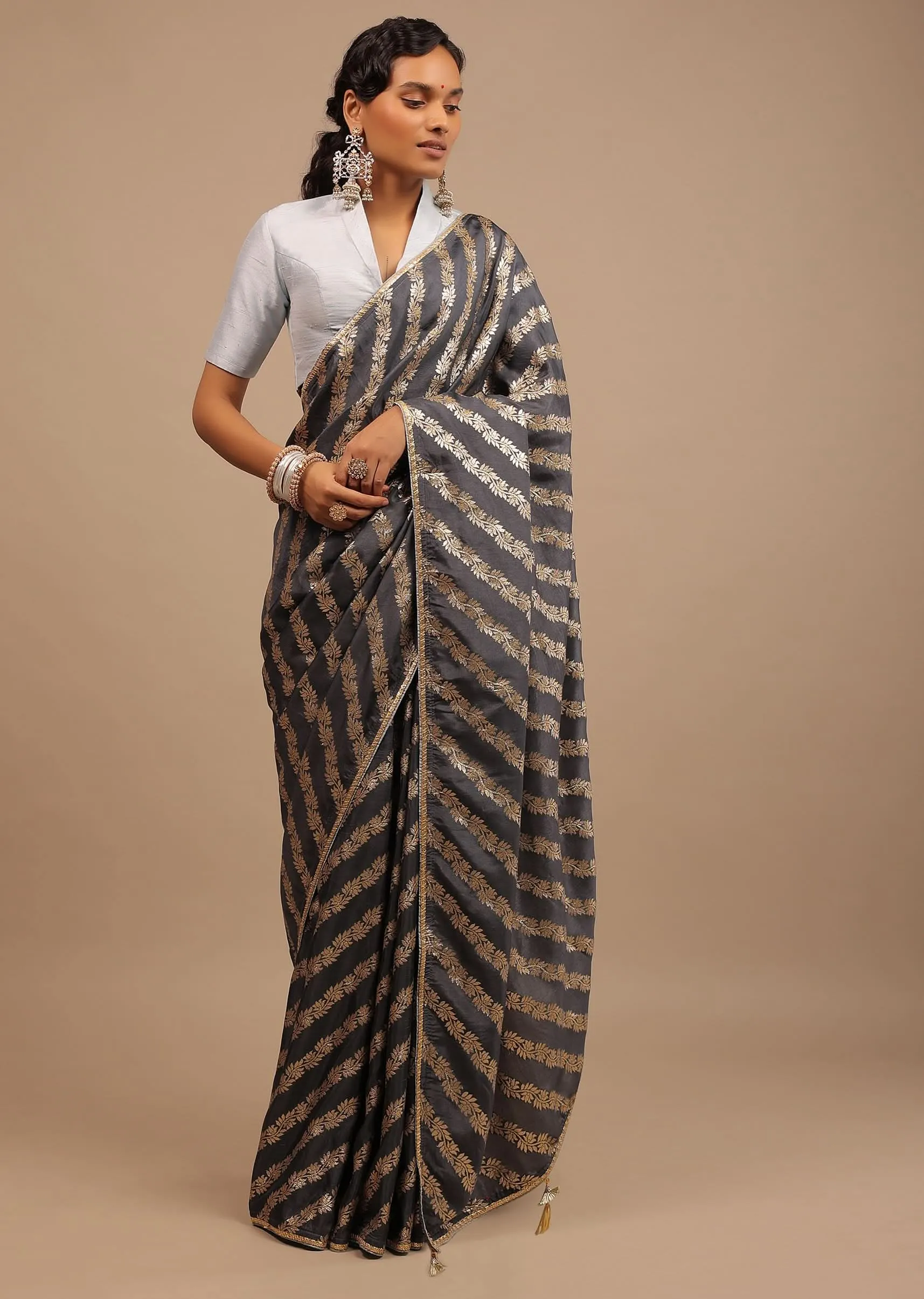 Iron Grey Saree In Dola Silk With Woven Floral Design In Diagonal Stripes And Lace Detailing