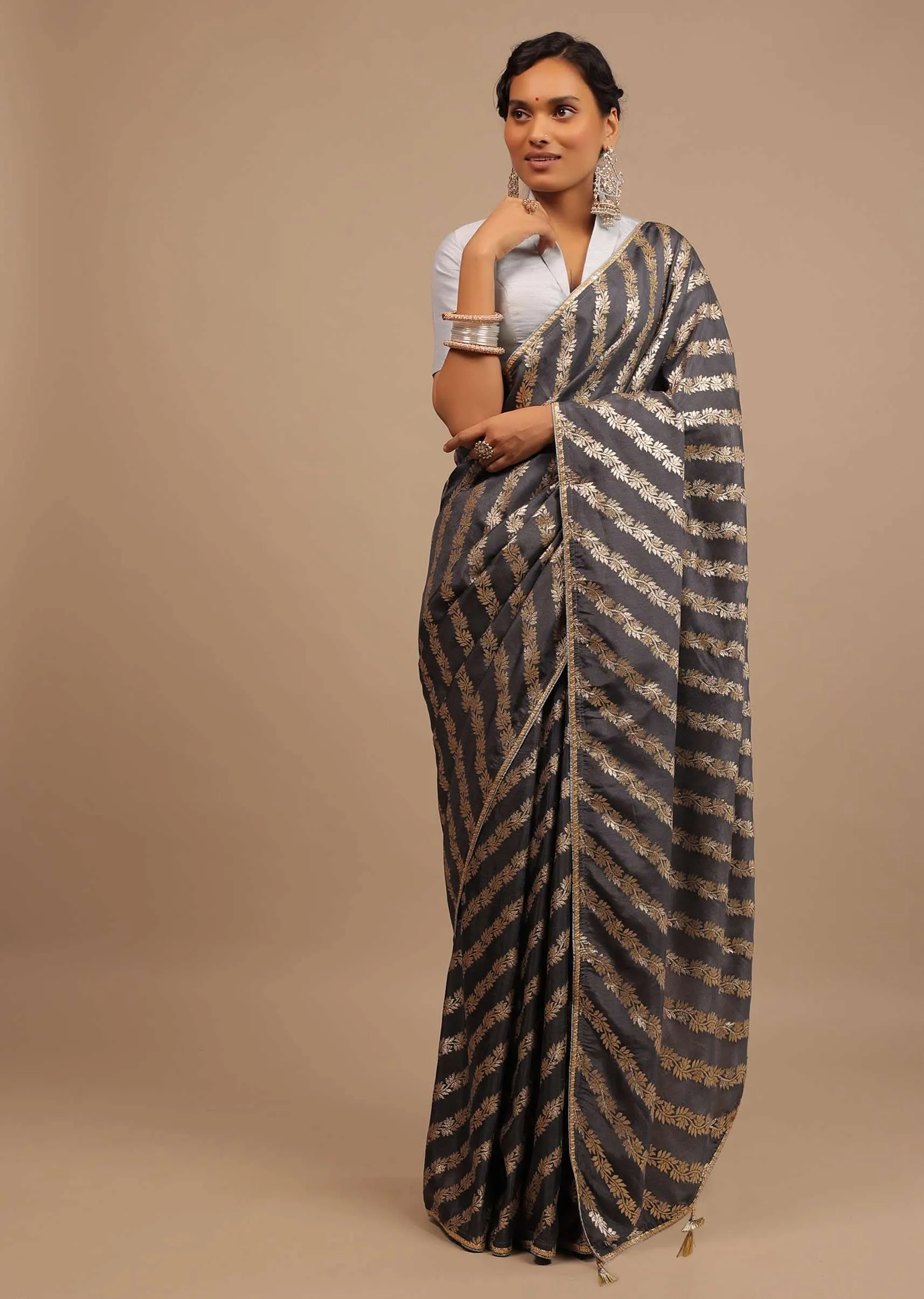 Iron Grey Saree In Dola Silk With Woven Floral Design In Diagonal Stripes And Lace Detailing
