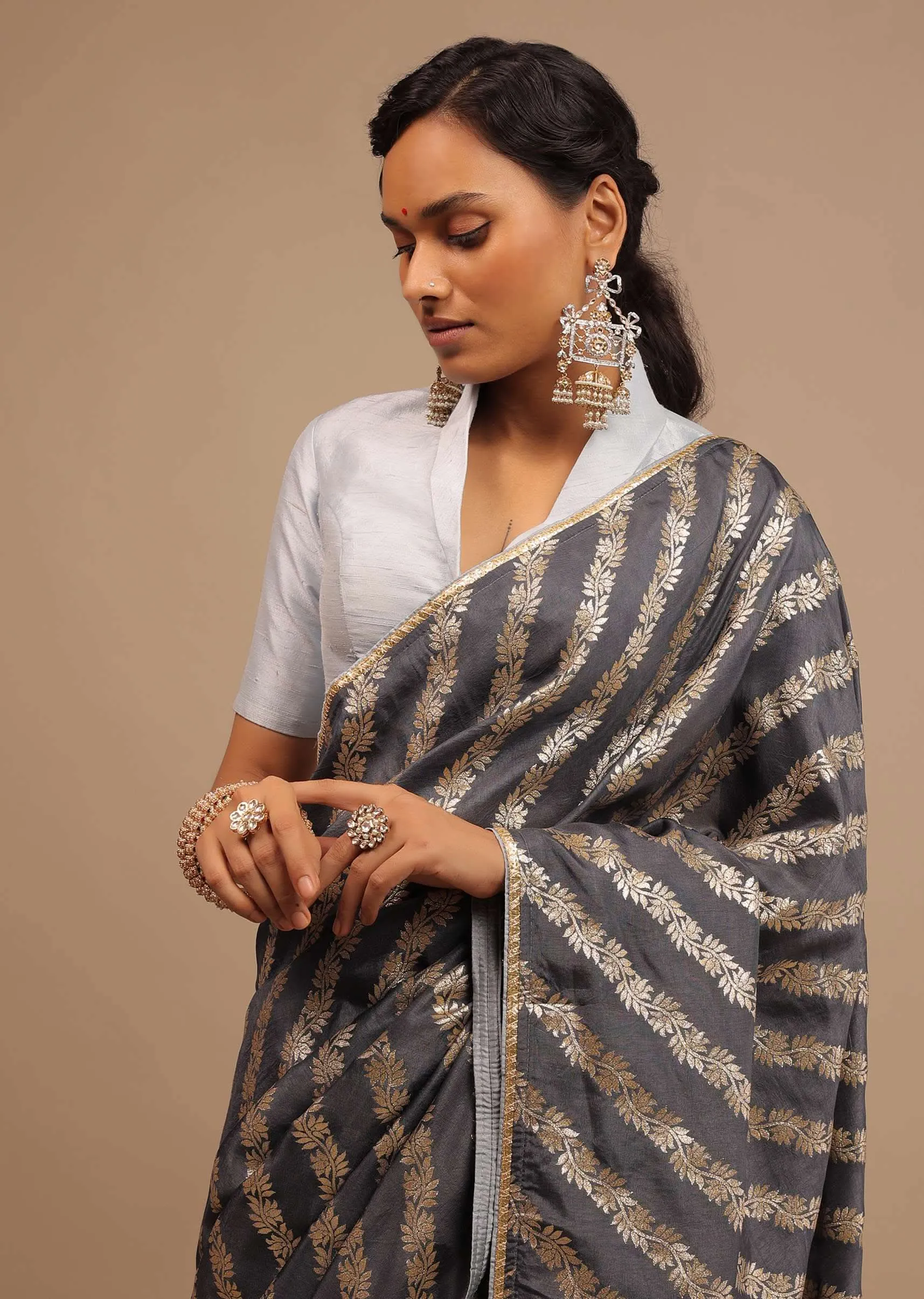 Iron Grey Saree In Dola Silk With Woven Floral Design In Diagonal Stripes And Lace Detailing