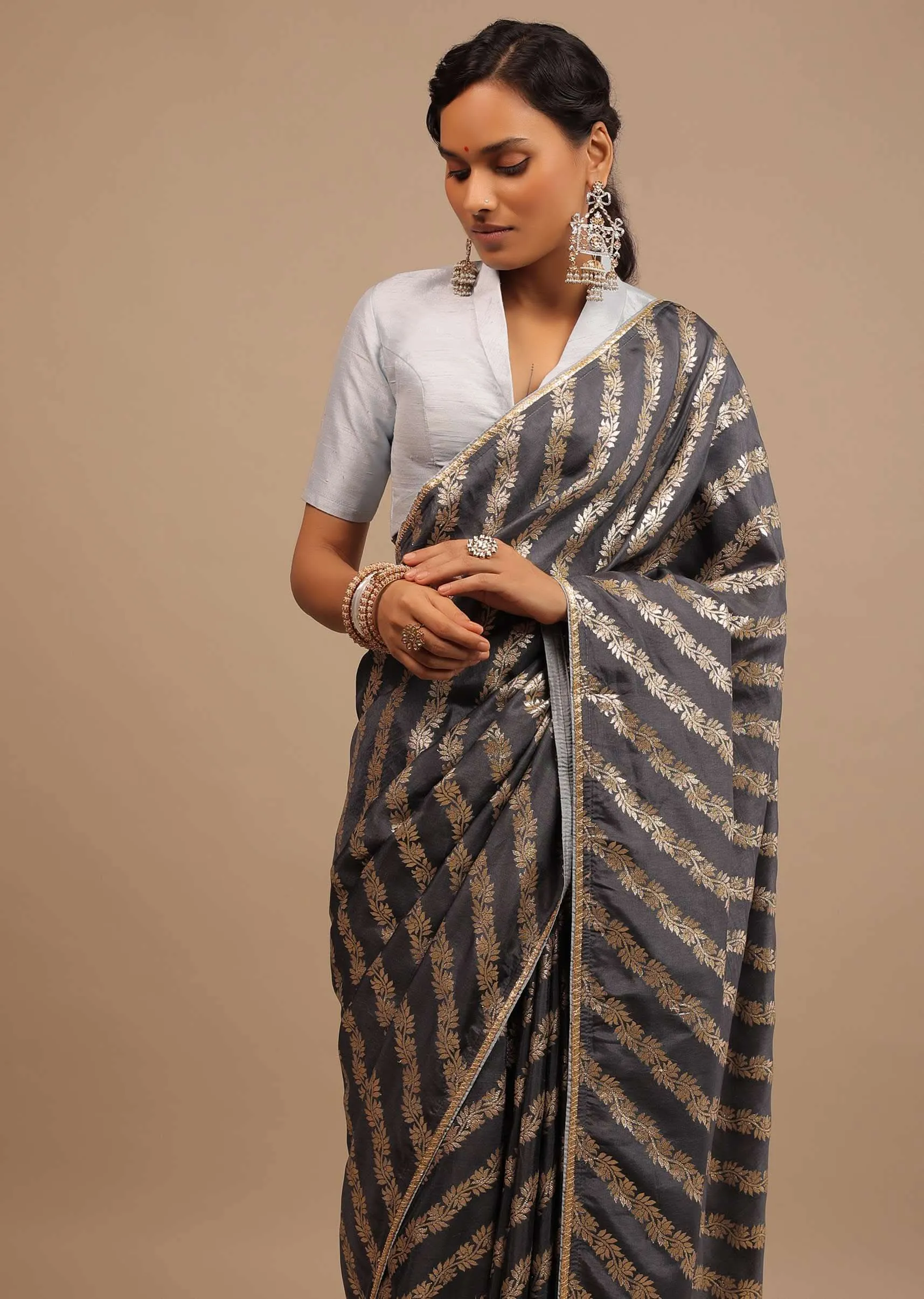 Iron Grey Saree In Dola Silk With Woven Floral Design In Diagonal Stripes And Lace Detailing