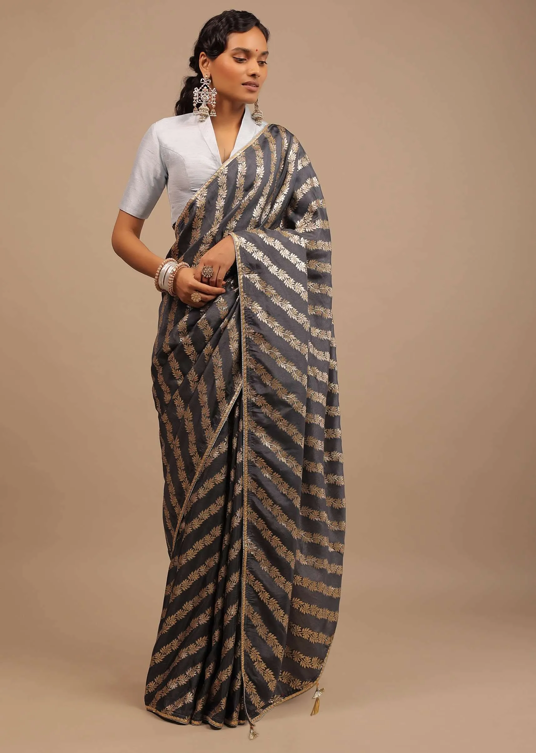 Iron Grey Saree In Dola Silk With Woven Floral Design In Diagonal Stripes And Lace Detailing