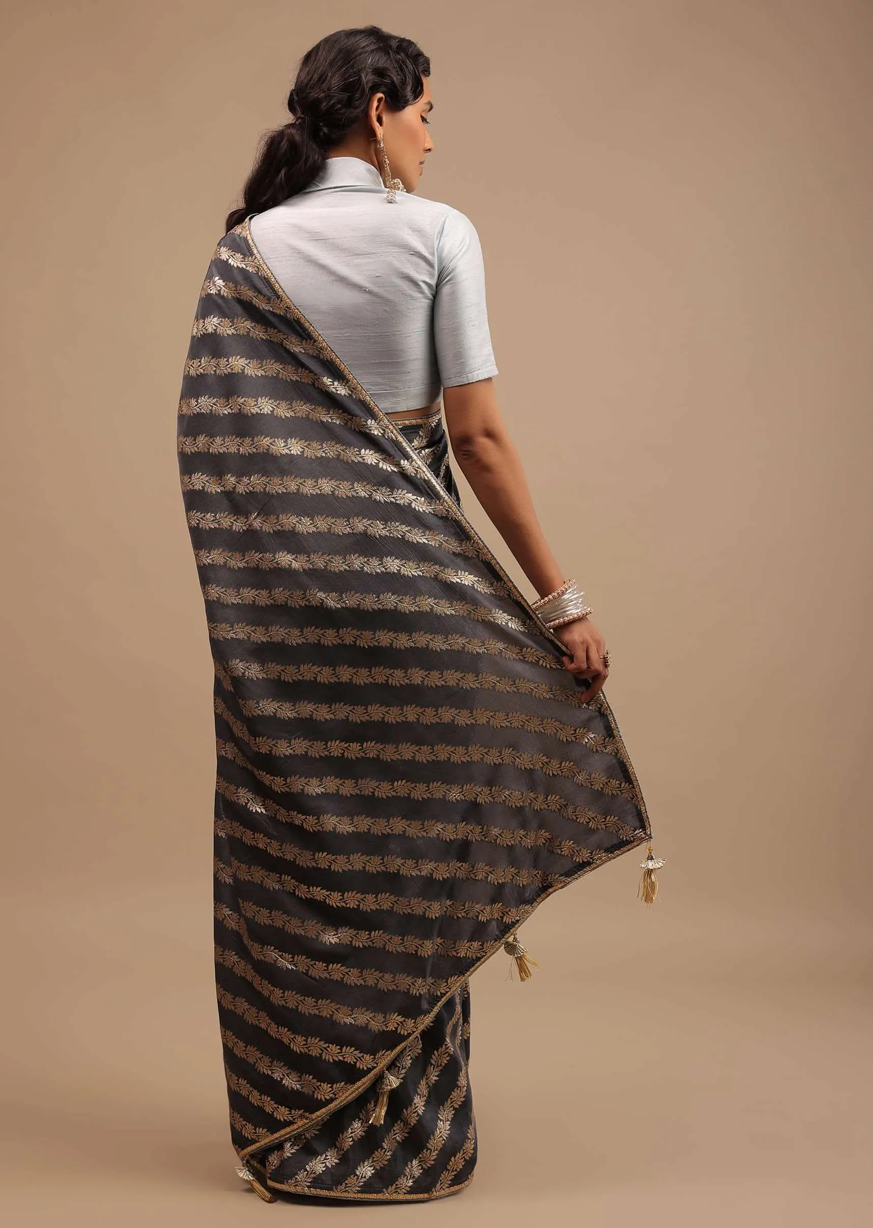 Iron Grey Saree In Dola Silk With Woven Floral Design In Diagonal Stripes And Lace Detailing