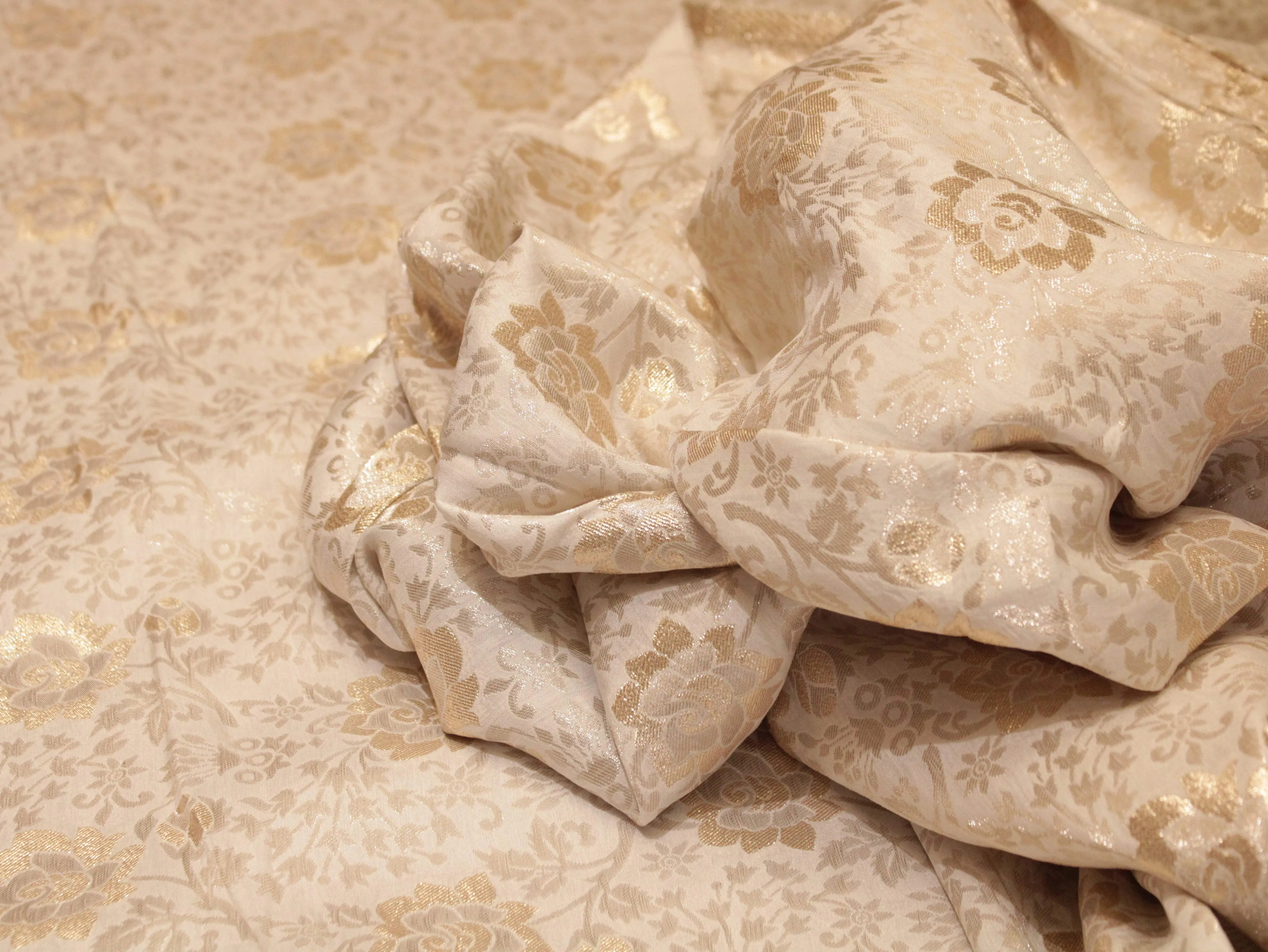 Rose Gold Zari Pure Banarasi Brocade Fabric - White Dyeable