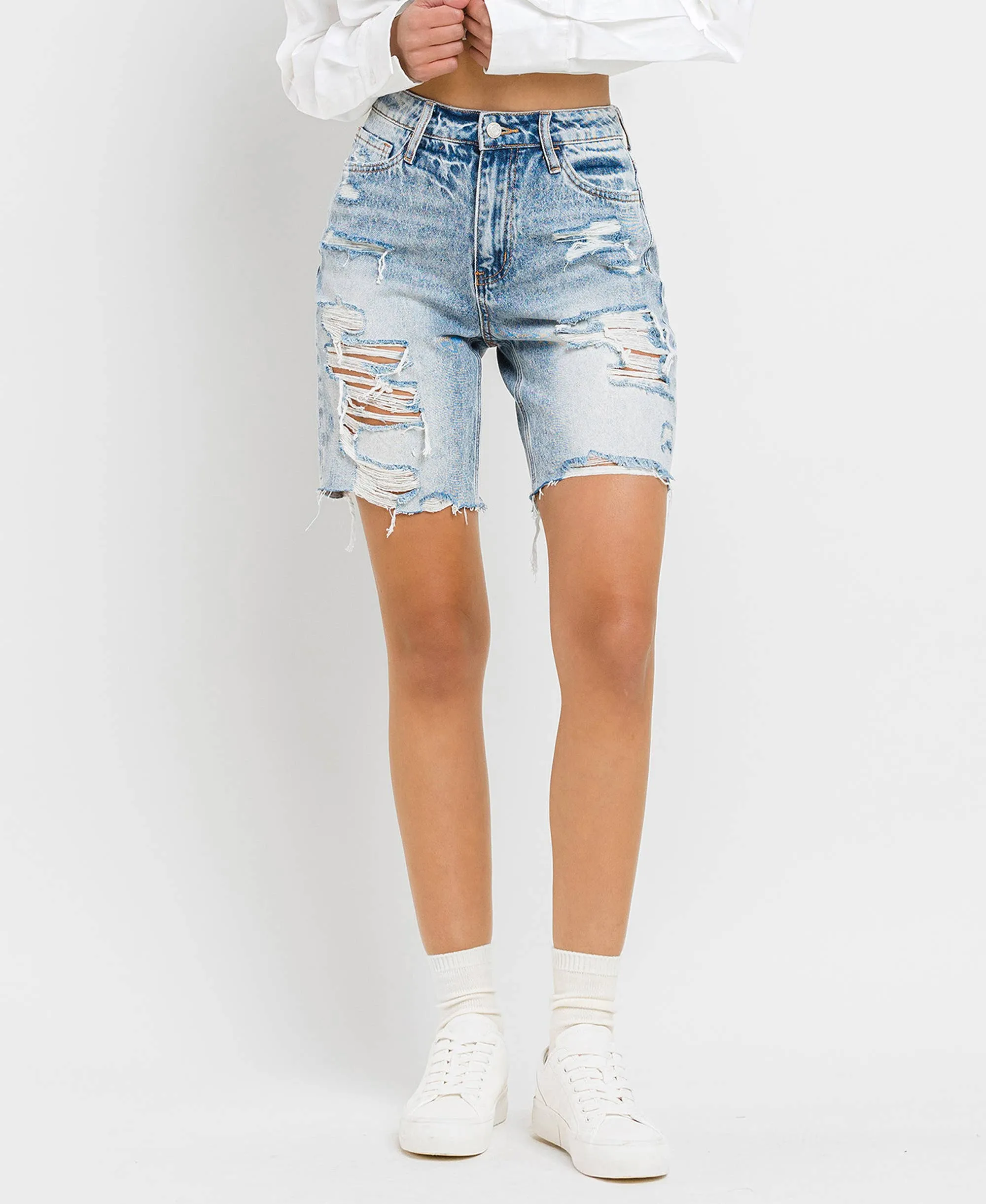 Super High Rise Distressed Bermuda Jean Shorts