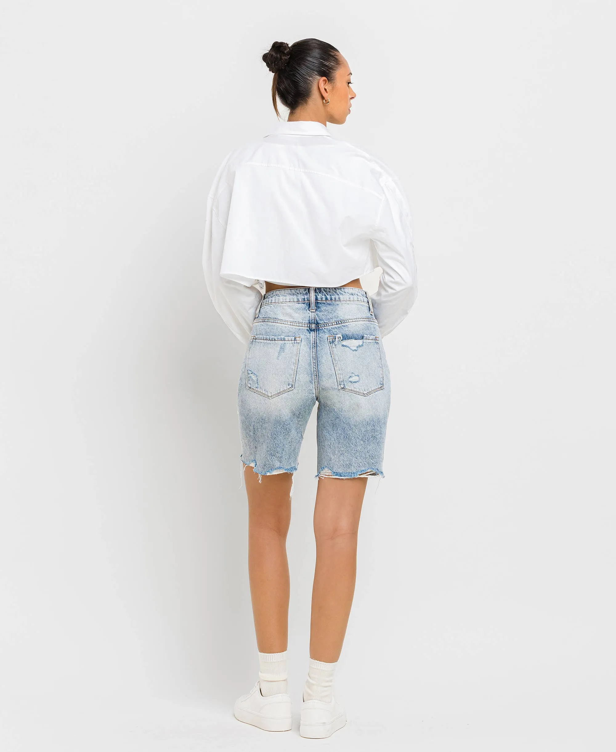Super High Rise Distressed Bermuda Jean Shorts